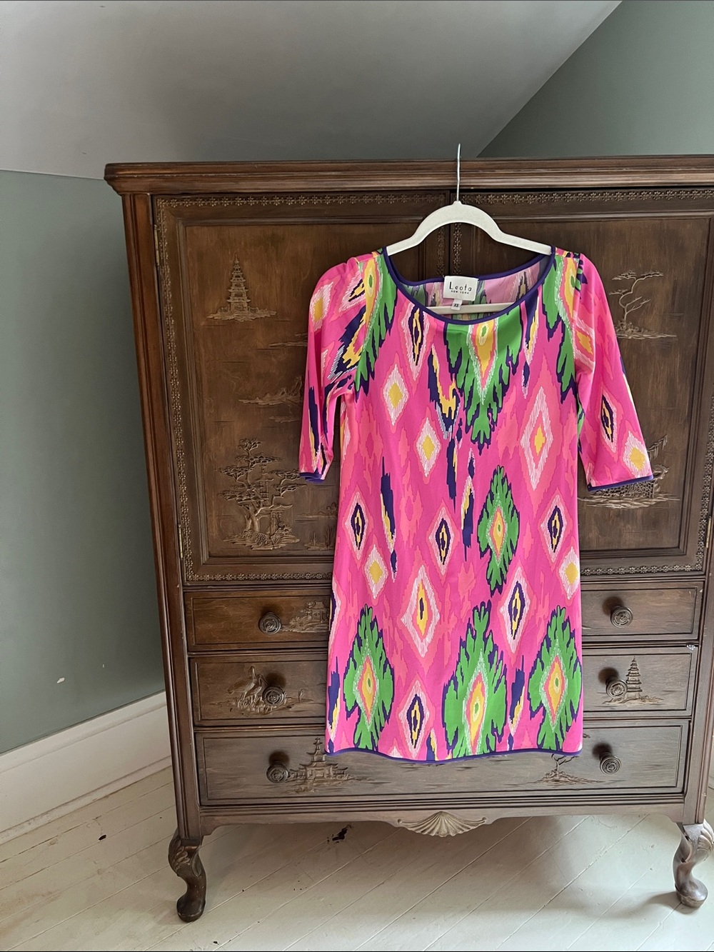 Leota Pink Ikat Pattern Shift Dress with Green & Purple Accents
